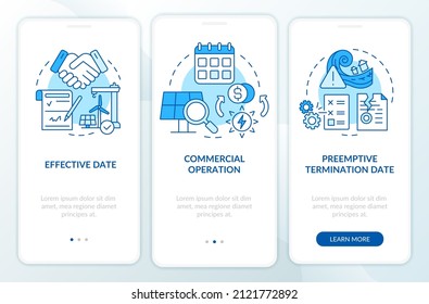 Contract timeline of PPA blue onboarding mobile app screen. Electricity walkthrough 3 steps graphic instructions pages with linear concepts. UI, UX, GUI template. Myriad Pro-Bold, Regular fonts used