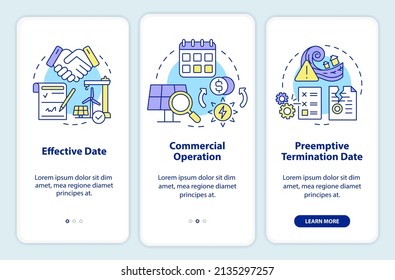 Contract timeline of PPA onboarding mobile app screen. Electricity walkthrough 3 steps graphic instructions pages with linear concepts. UI, UX, GUI template. Myriad Pro-Bold, Regular fonts used