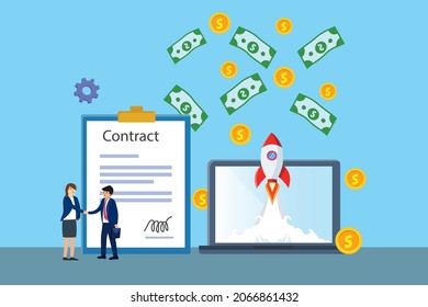 Contract vector concept. Two business people shaking hands near the cooperation contract while standing with rocket flying out from laptop screen