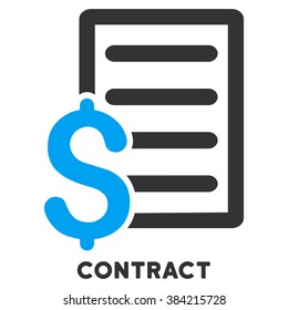 Contract vector icon with caption. Symbol style is a bicolor flat symbol with rounded angles, blue and gray colors, white background.