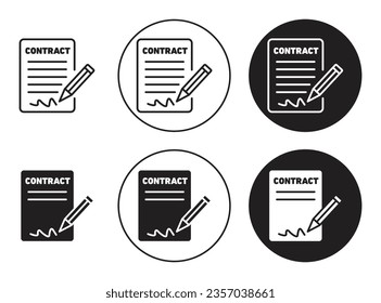 conjunto de iconos de vector de contrato. símbolo vector de papel de acuerdo legal. documentación legal de préstamo con firma y signo de lápiz. símbolo de licencia comercial en color negro