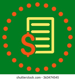 Contract vector icon. Style is bicolor flat circled symbol, orange and yellow colors, rounded angles, green background.