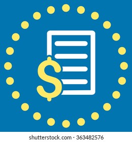 Contract vector icon. Style is bicolor flat circled symbol, yellow and white colors, rounded angles, blue background.