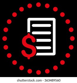 Contract vector icon. Style is bicolor flat circled symbol, red and white colors, rounded angles, black background.