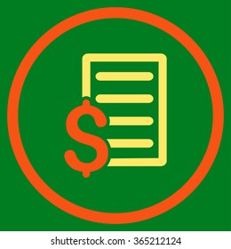 Contract vector icon. Style is bicolor flat circled symbol, orange and yellow colors, rounded angles, green background.
