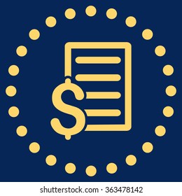 Contract vector icon. Style is flat circled symbol, yellow color, rounded angles, blue background.