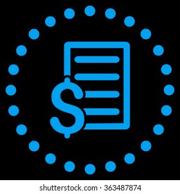 Contract vector icon. Style is flat circled symbol, blue color, rounded angles, black background.