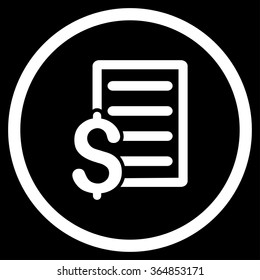 Contract vector icon. Style is flat circled symbol, white color, rounded angles, black background.