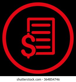 Contract vector icon. Style is flat circled symbol, red color, rounded angles, black background.