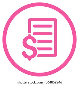 Contract vector icon. Style is flat circled symbol, pink color, rounded angles, white background.