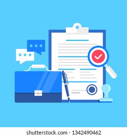 Contract. Vector illustration. Agreement, treaty, sign a contract concepts. Flat design. Clipboard and document with seal. Briefcase, pen, magnifying glass with check mark, chat icon and rubber stamp