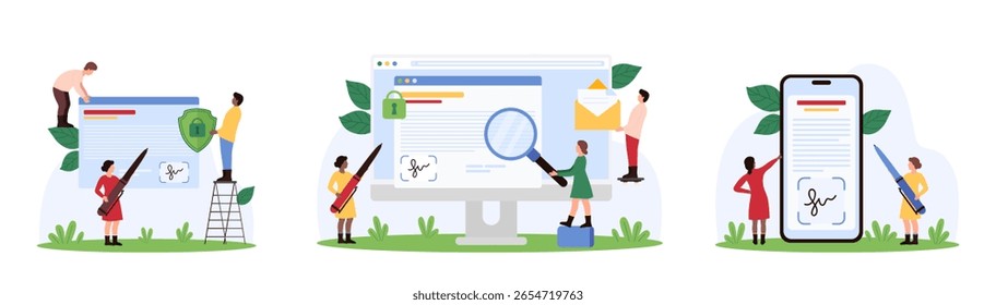 Contract verification with electronic signature set. Tiny people with pen approve paper document and digital certificate on computer and phone screen, sign agreement cartoon vector illustration