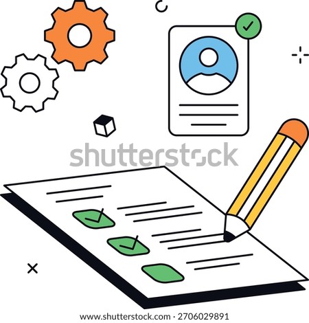Contract verification workflow includes ticking boxes on paper with a pencil. Ideal for representing business process management and contract verification. isometric flat vector illustration.