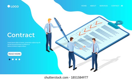 Contract.Businessmen conduct business negotiations.People in the background with a fountain pen and a list of tasks.The concept of teamwork and business relationships.Isometric vector illustration.