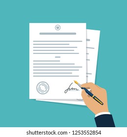 Contract-document signing. Hand signing contract simple style. Vector illustration