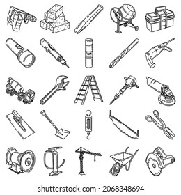 Contractor Accessories and Equipment Device Hand Drawn Icon Set Vector.