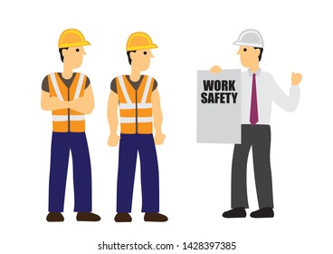 Contractor briefs work safety to his construction workers. Concept of work safety and teamwork. Flat cartoon vector illustration.