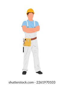 Contractor, Construction Worker, Handyman In Overall And Tool Belt Holding Drill, Repair Craftsman Illustration