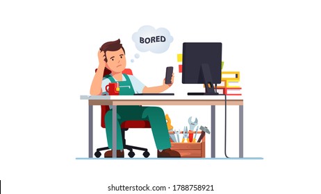 Contractor or foreman bored at work shuffling through phone sitting at office desk. Lazy unmotivated unproductive worker man pass time with cellphone not doing job. Flat vector character illustration