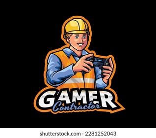 Contractor Gamer Mascot Logo Design. Vector illustration of Skilled contractor and professional gamer with joystick