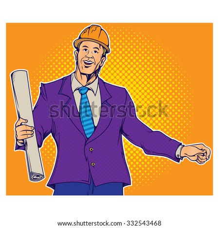 Contractor Holding Blueprint - Isolated retro pop art style vector graphic illustration