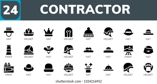 contractor icon set. 24 filled contractor icons.  Collection Of - Hat, Helmet, Paint