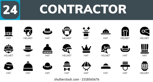 contractor icon set. 24 filled contractor icons.  Collection Of - Hat, Helmet icons
