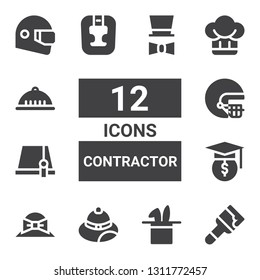 contractor icon set. Collection of 12 filled contractor icons included Paint, Hat, Helmet, Headgear