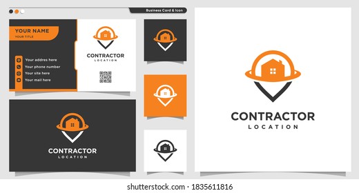 Contractor Logo With Pin Location Outline Style And Business Card Design Premium Vector