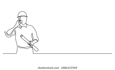 contractor man calling client and bringing roll of paper.single line vector illustration.continuous line.isolated white background