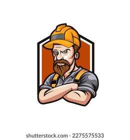 Contractor Mascot Logo Design, Construction worker cartoon character emblem, Building with Confidence. vector illustration