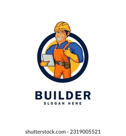 Contractor Mascot Logo Design, Construction worker cartoon character emblem, Building with Confidence. vector illustration