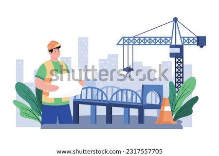 Contractor oversees bridge construction over river.