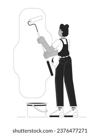 Contractor painting house black and white cartoon flat illustration. Painter decorator rolling brush 2D lineart character isolated. Home renovation do it yourself monochrome scene vector outline image