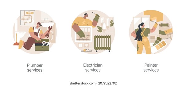 Contractor Services Abstract Concept Vector Illustration Set. Plumber And Electrician Services, Residential, Commercial Painting, Heating Installation, Home Automation, Renovation Abstract Metaphor.