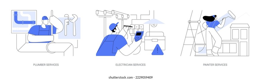 Conjunto de ilustraciones vectoriales de concepto abstracto de servicios de contratista. Servicios de fontanería y electricistas, residencias, pintura comercial, instalación de calefacción, automatización de viviendas, renovación de metáfora abstracta.