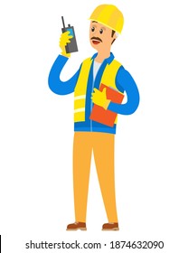 Contractor talking in walkie talkie, man manager wearing vest, helmet and gloves, builder or engineer holding radio set and paper report, building vector