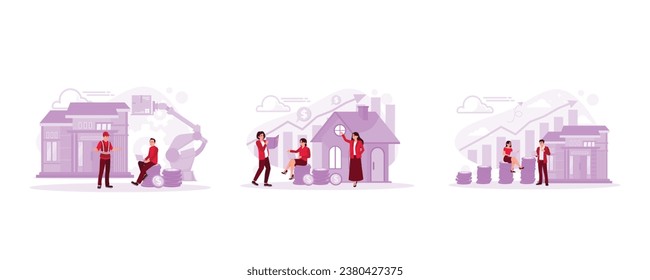 The contractor uses a crane to build the house. Analyze taxes and real estate growth. They are calculating profits from the property business. Real estate investment concept. 