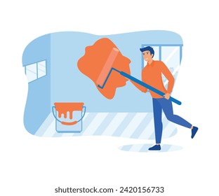 Contractor worker doing indoor maintenance wall painting. flat vector modern illustration 