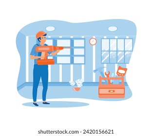 Contractor worker doing indoor window maintenance vector. flat vector modern illustration 