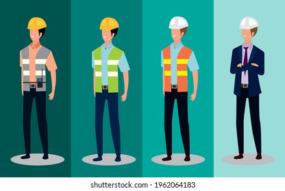 Contractor workers. Hard workers construct buildings. Character of project workers. Contractor
