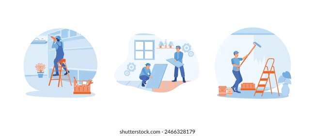 Trabajadores contratistas instalando el techo de una casa. Instalación de baldosas de suelo interior. El pintor pinta las paredes del interior de la casa. Concepto de renovación del hogar. Fije la Ilustración vectorial plana.