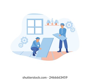 Trabajadores de contratistas están instalando baldosas de piso de interiores. Servicios de renovación del hogar. Concepto de renovación del hogar. Ilustración vectorial plana.