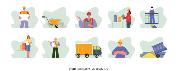 Contratistas ocupados en el área de trabajo, en construcción. Diseño de personajes. Ilustración plana de Vector