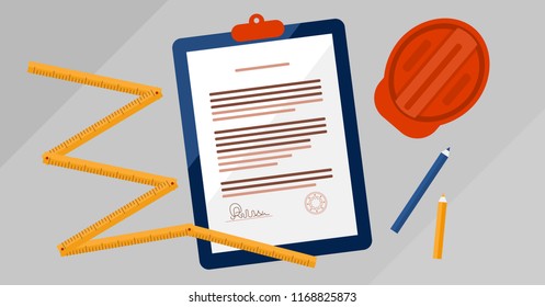 Contractors license agreement signed and stamped document vector illustration. Real estate construction business legal documentation. Top view concept with paper, measurement tool, helmet and pencils.