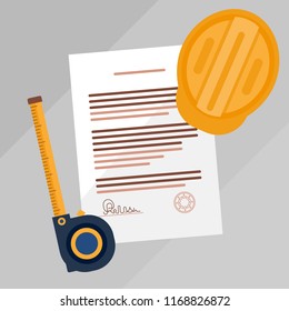 Contractors license agreement signed and stamped document vector illustration. Real estate construction business legal documentation. Top view concept with paper, measurement tape and helmet.