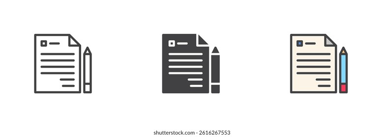 Contracts and Agreements different style icon set. Line, glyph and filled outline colorful version, outline and filled vector sign. Editing and Review symbol, logo illustration. Vector graphics