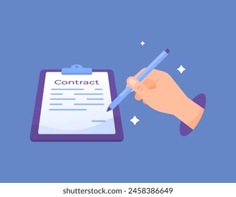 contracts and agreements. illustration of a hand signing a work contract. write or give a signature. letter of agreement, written agreement. terms and conditions. flat style illustration concept