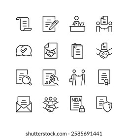 Contracts and Agreements, linear style icon set. Legal documents, negotiations, partnerships, and business deals. Signing, reviewing, confidentiality, and protection. Editable stroke width