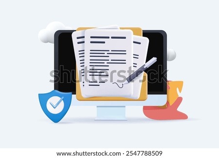Contracts illustration set in 3D style. Signing legal document, electronic contract or agreement online. People reading and signing contract terms and conditions. 3D Vector illustration.
